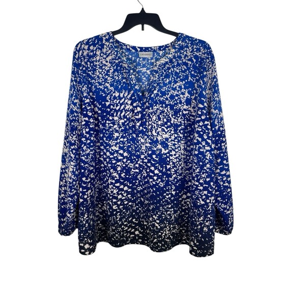 Catherines 3X Button Up Blue White Ombré Abstract Tunic Long Sleeve V-Neck Top - Picture 2 of 11